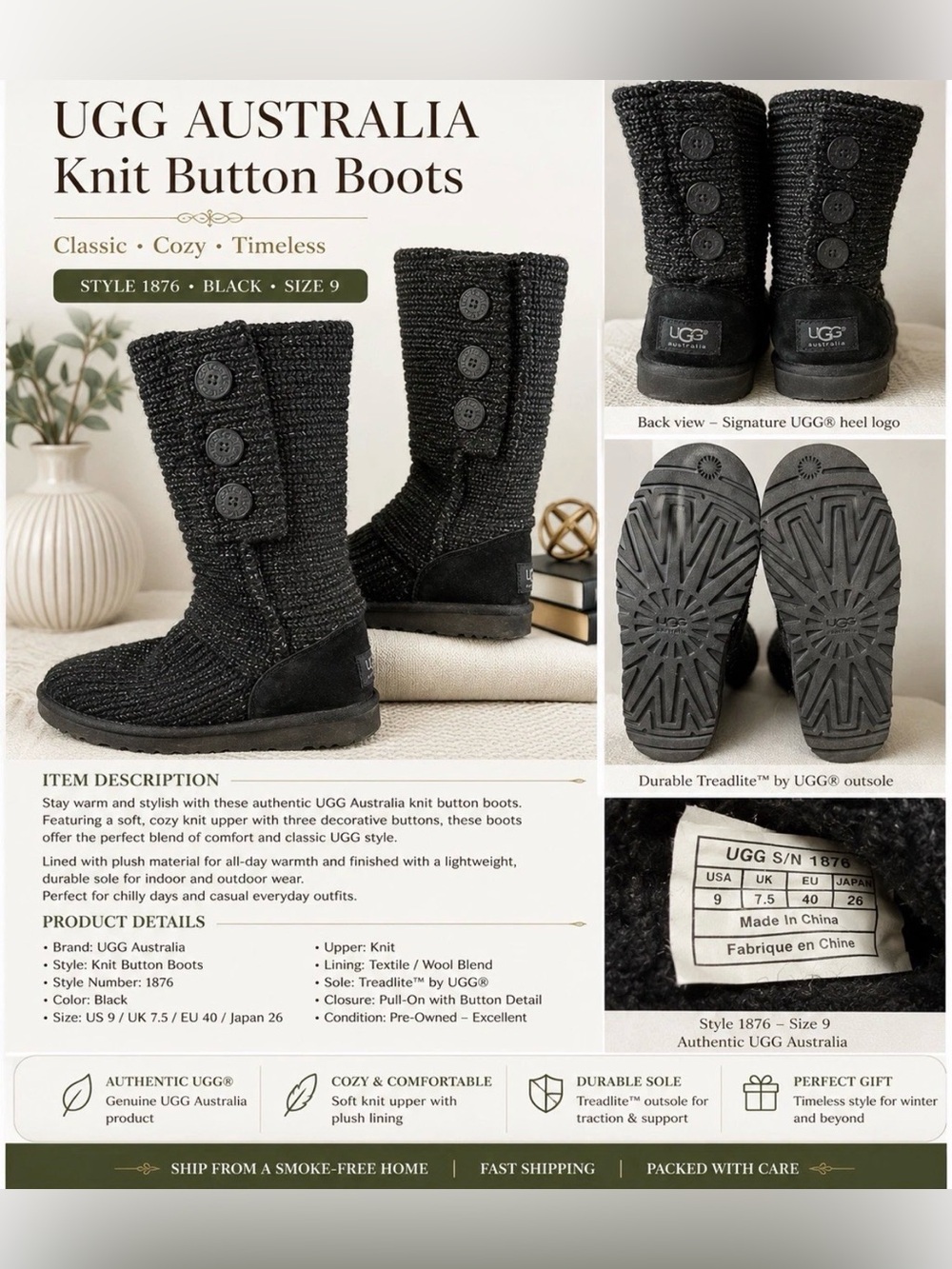 UGG Black Knit Button Ankle Boots
